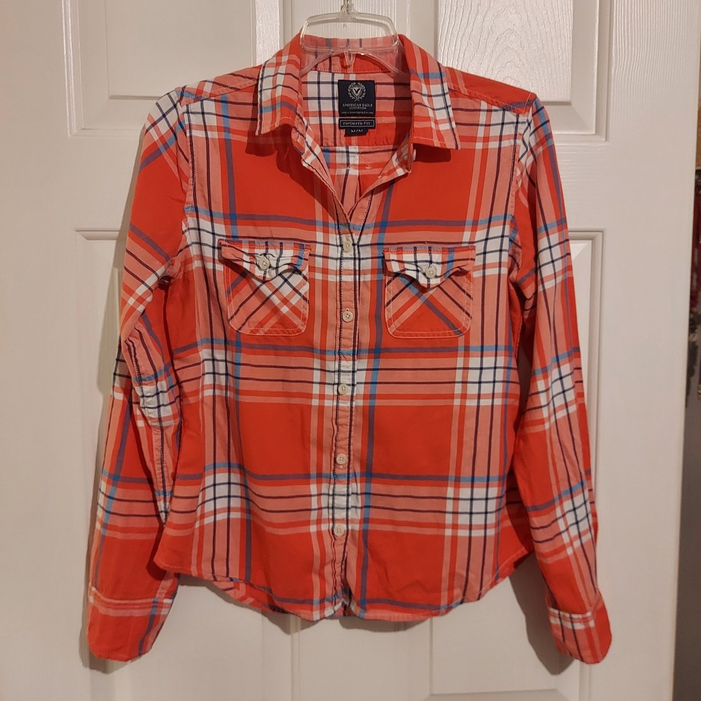 American Eagle Outfitters Fav Fit Plaid Button Down Shirt Salmon Blue Women M